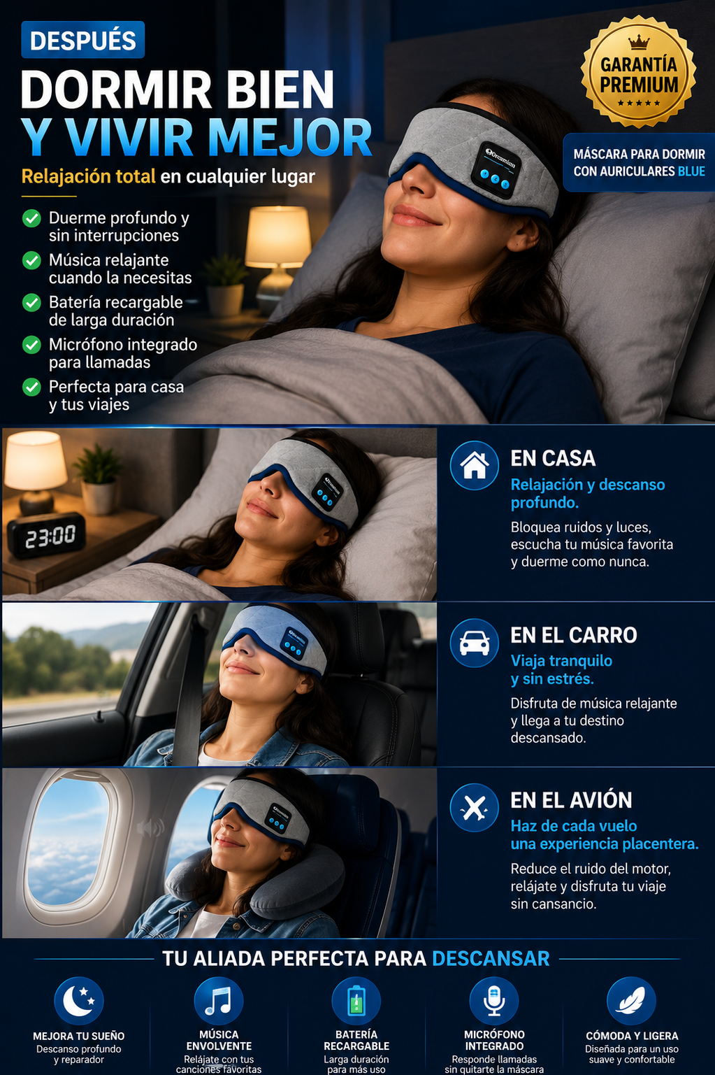 Máscara Dormir Auriculares Bluetooth Música Sueño Profundo