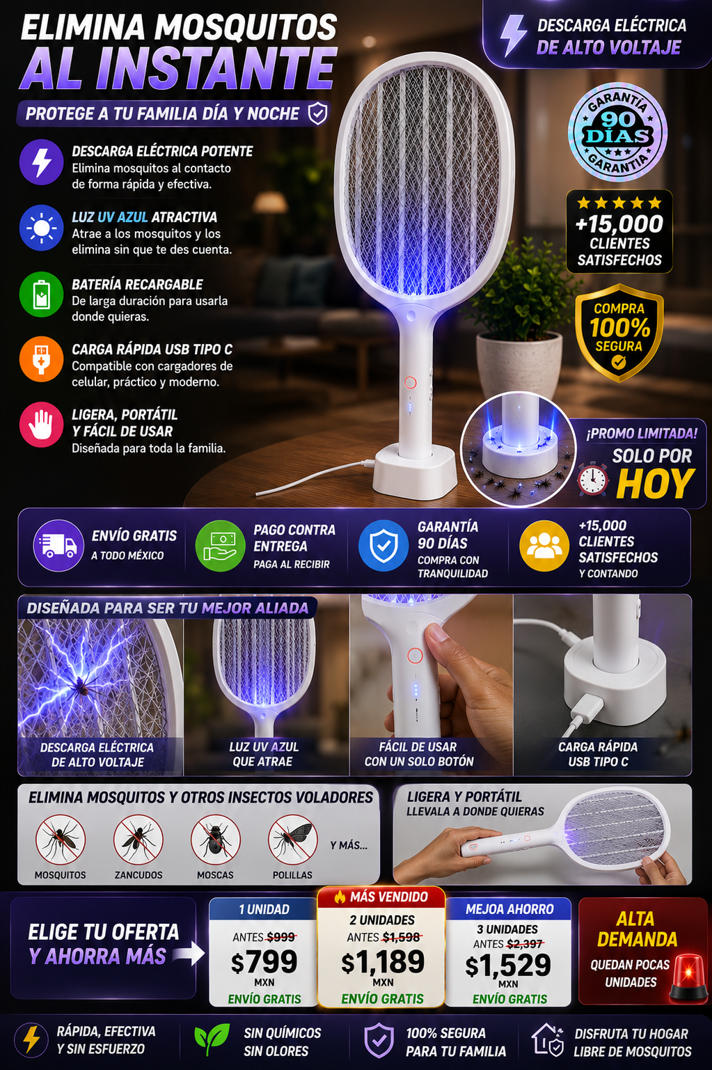 Raqueta Mosquitero Eléctrico Recargable Mata Insectos
