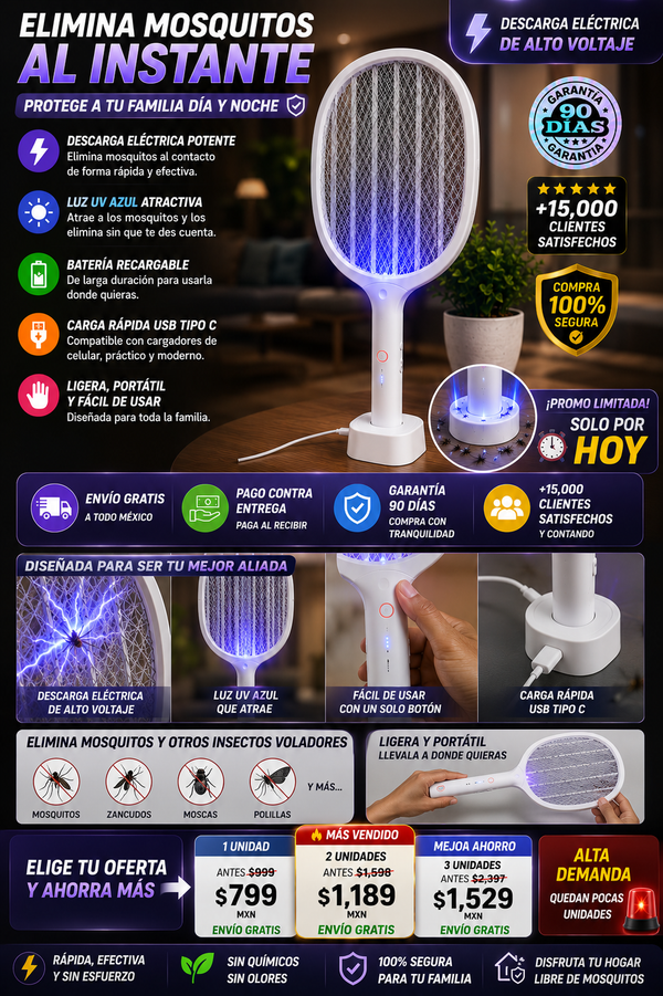 Raqueta Mosquitero Eléctrico Recargable Mata Insectos