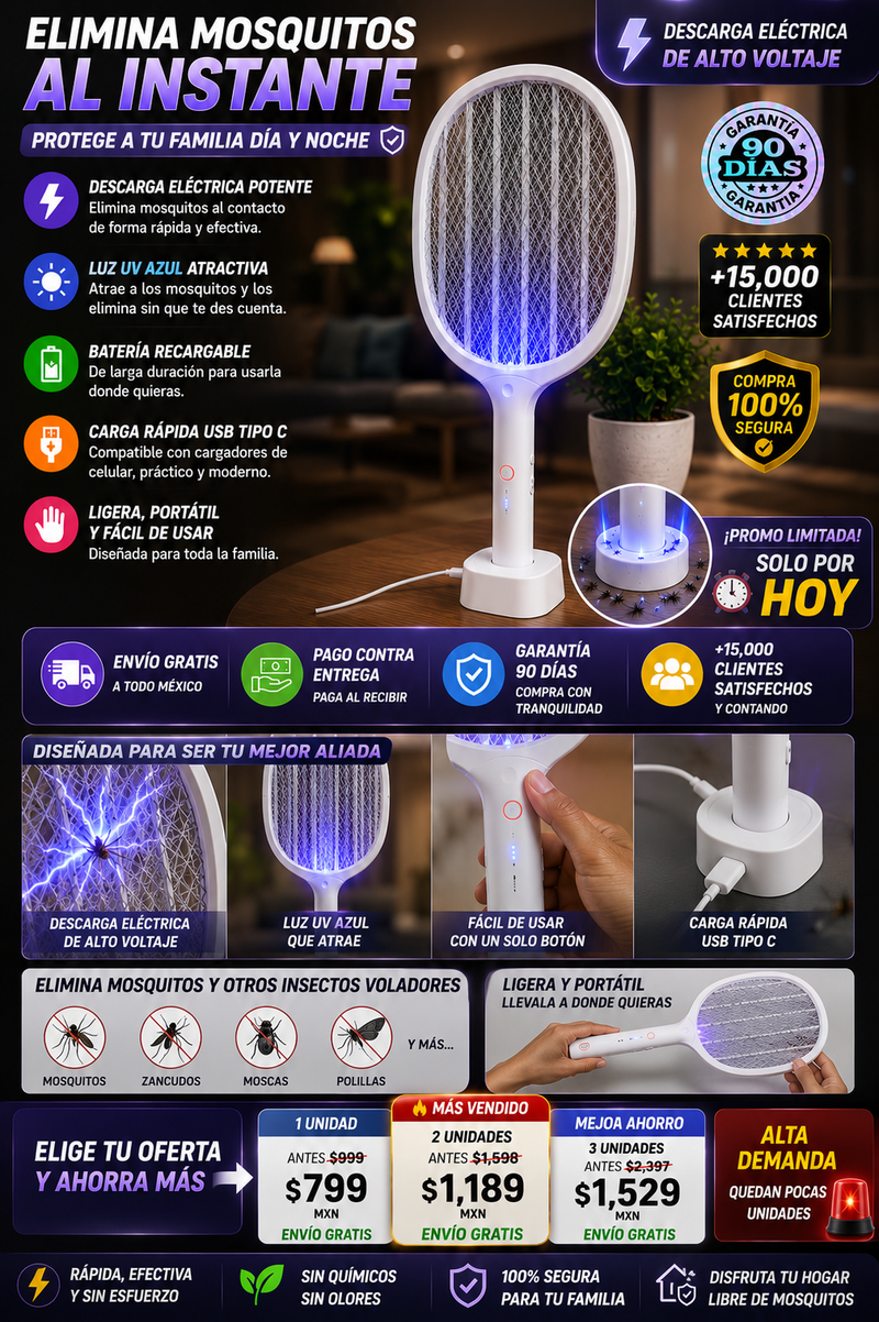Raqueta Mosquitero Eléctrico Recargable Mata Insectos