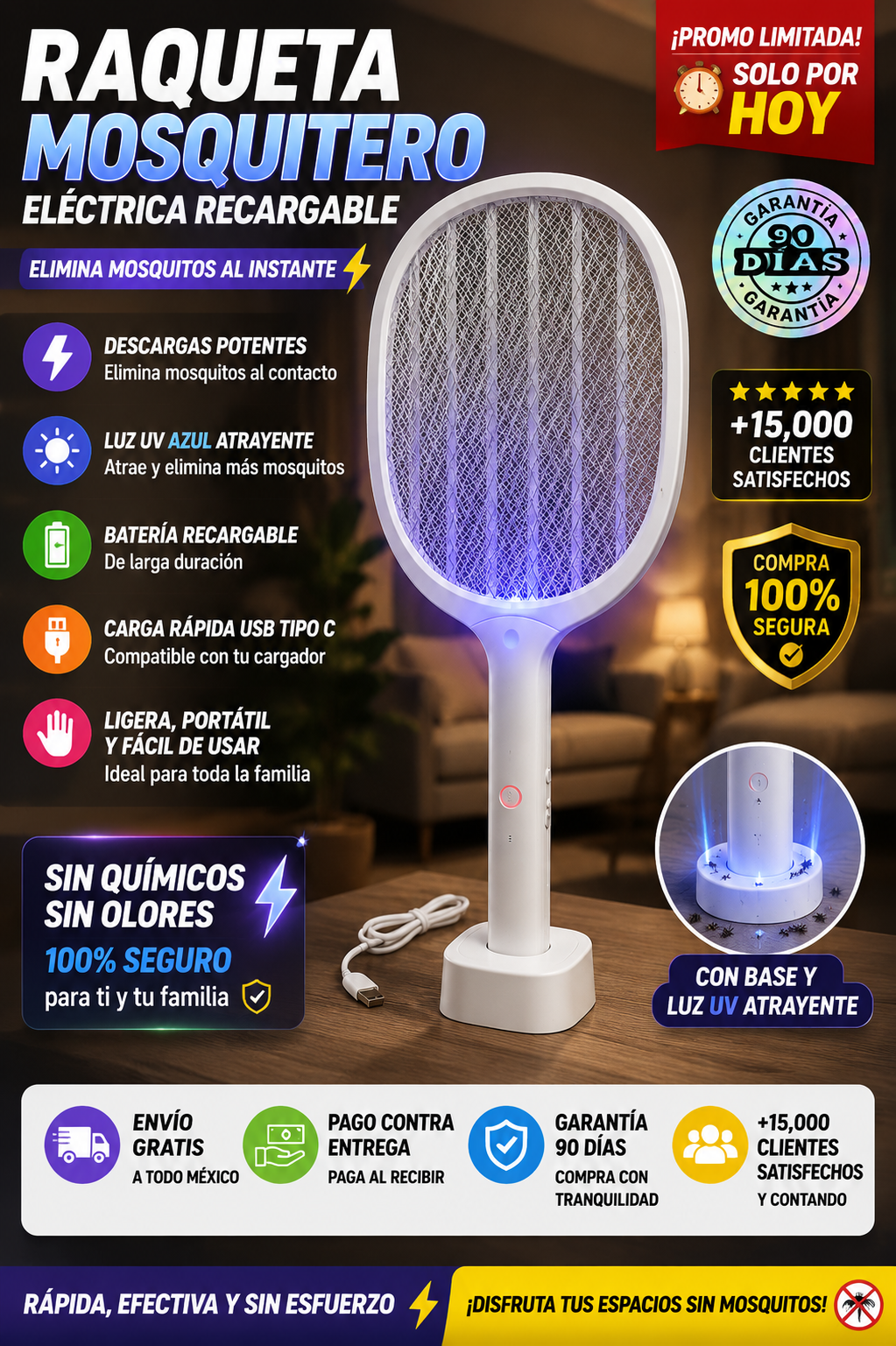 Raqueta Mosquitero Eléctrico Recargable Mata Insectos