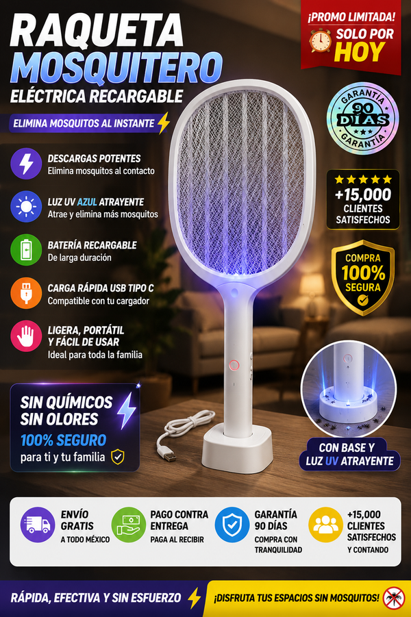 Raqueta Mosquitero Eléctrico Recargable Mata Insectos