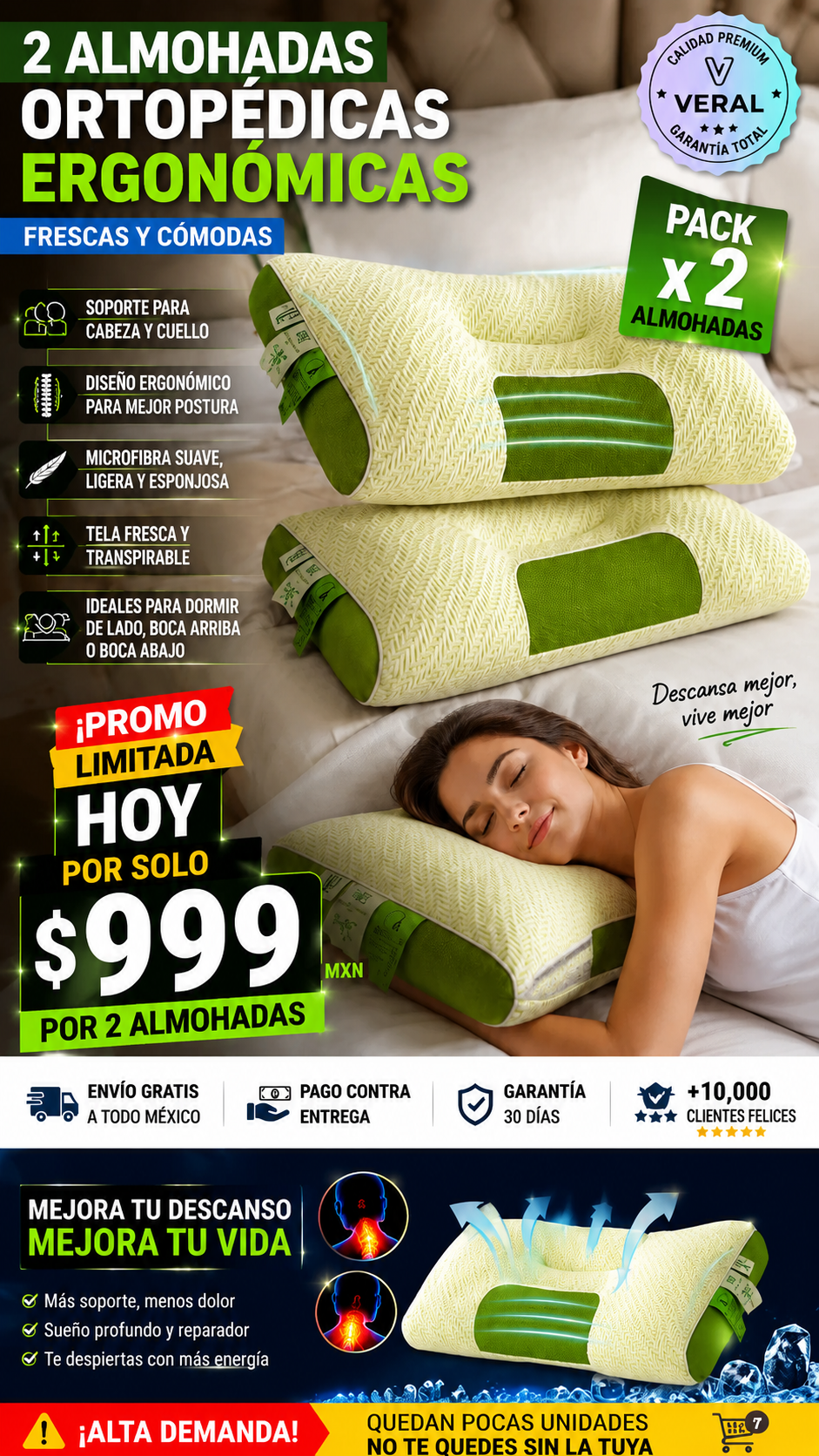 Almohadas Ortopédicas Ergonómicas Frescas Pack 2 Unidades