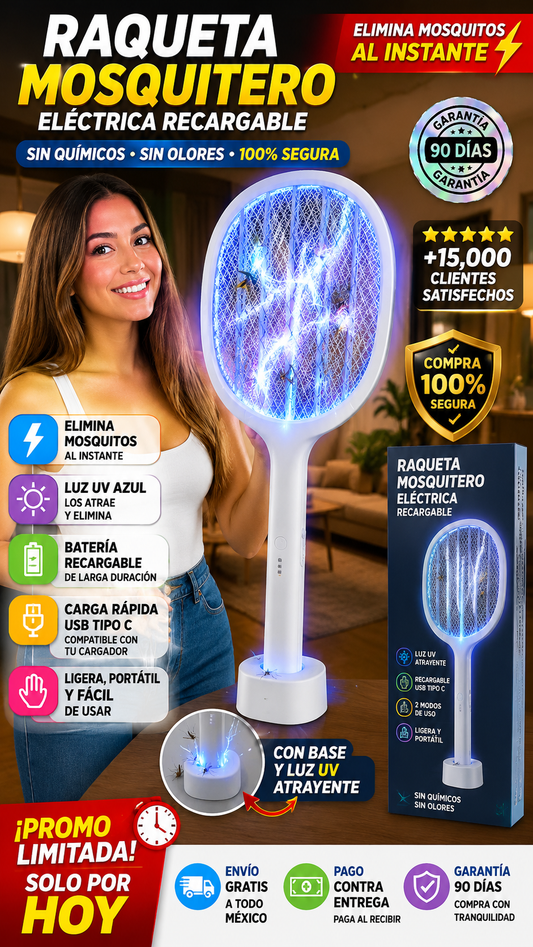 Raqueta Mosquitero Eléctrico Recargable Mata Insectos