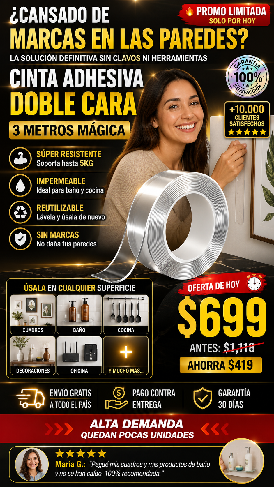 Cinta Adhesiva Doble Cara 3 Metros Mágica Premium