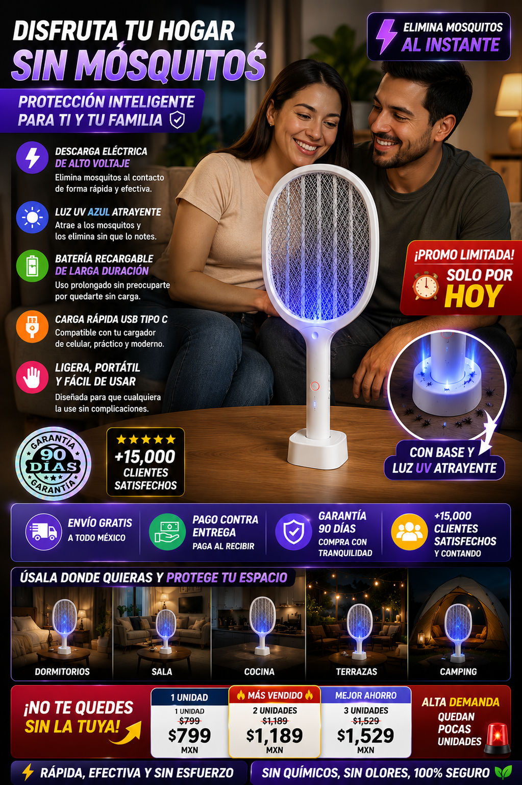 Raqueta Mosquitero Eléctrico Recargable Mata Insectos