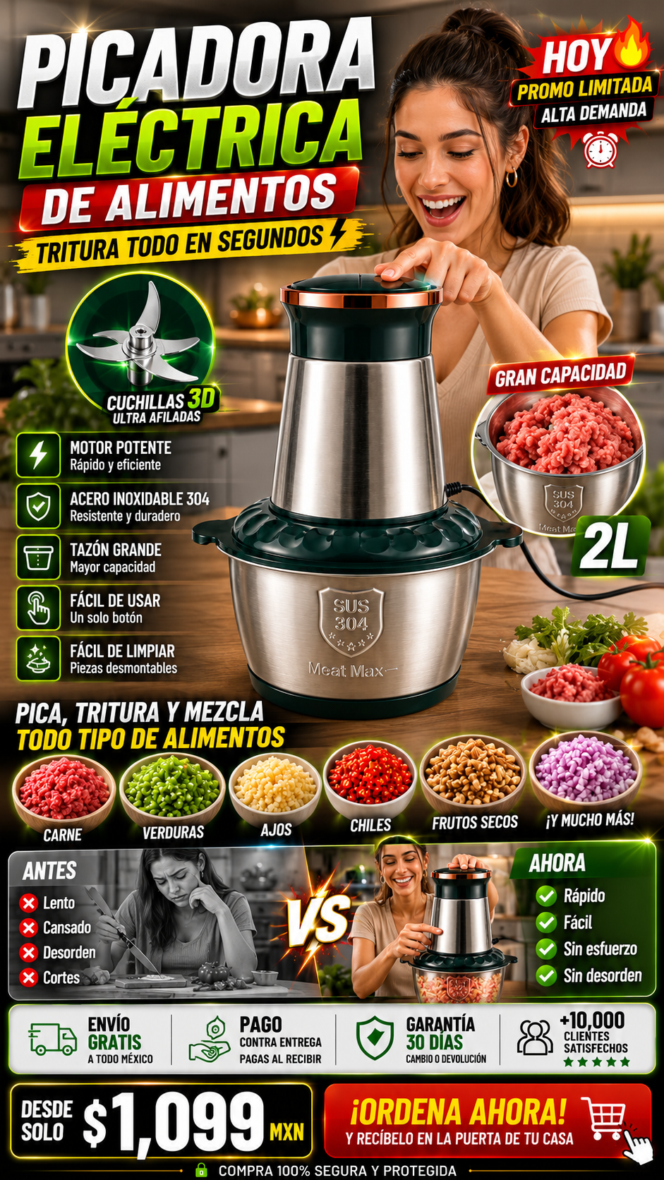 Picadora Eléctrica de Alimentos Potente Rápida