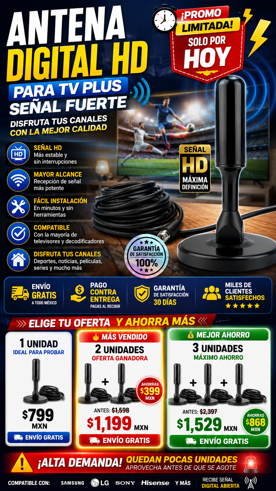 Antena Digital HD Para TV Plus Señal Fuerte