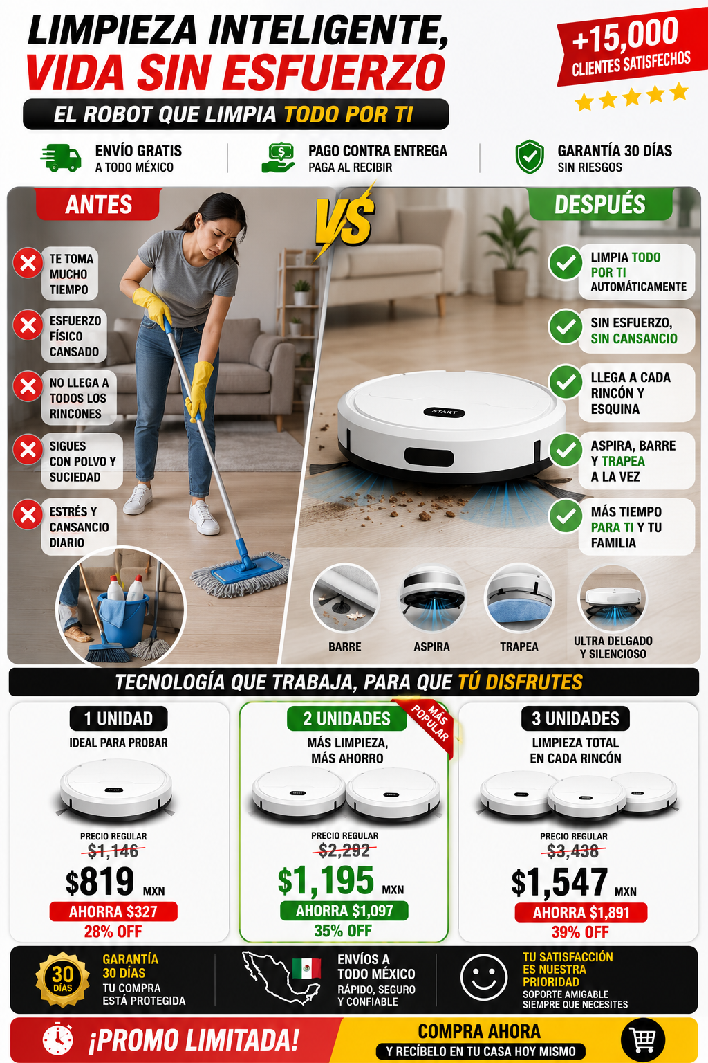 Aspiradora Robot Inteligente 3 en 1 Barrido Succión