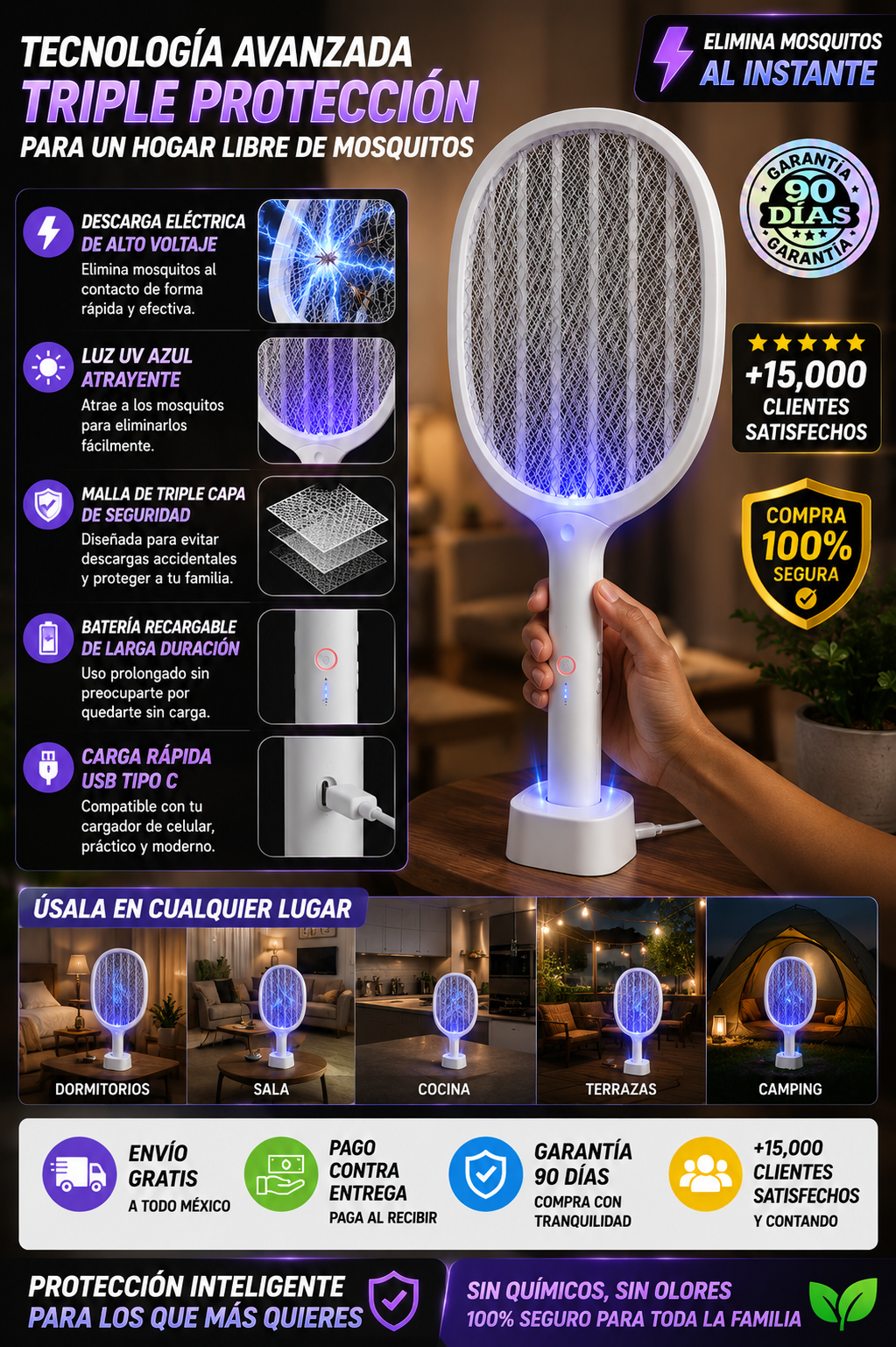 Raqueta Mosquitero Eléctrico Recargable Mata Insectos