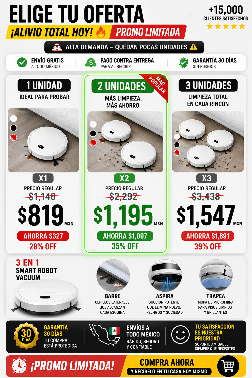 Aspiradora Robot Inteligente 3 en 1 Barrido Succión