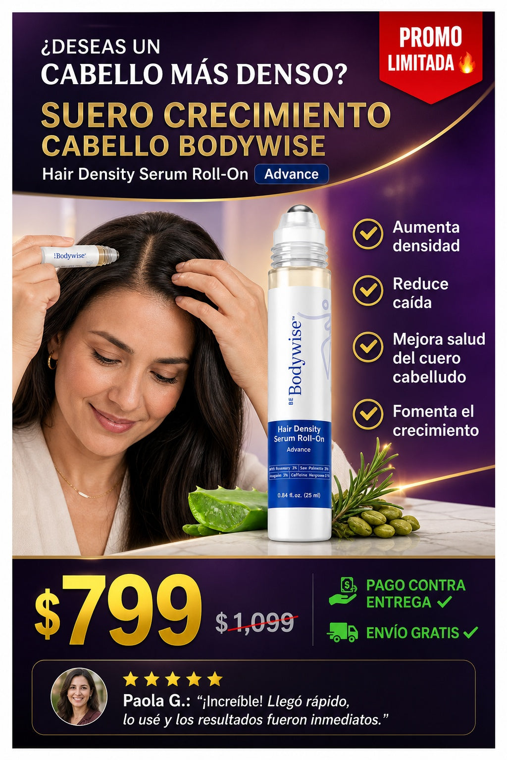 Suero Crecimiento Cabello Bodywise Hair Density Serum Roll-On Advance - imagen 3