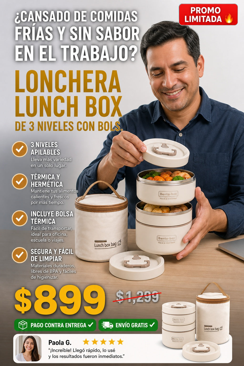 Lonchera Lunch Box De 3 Niveles Con Bols - imagen 3