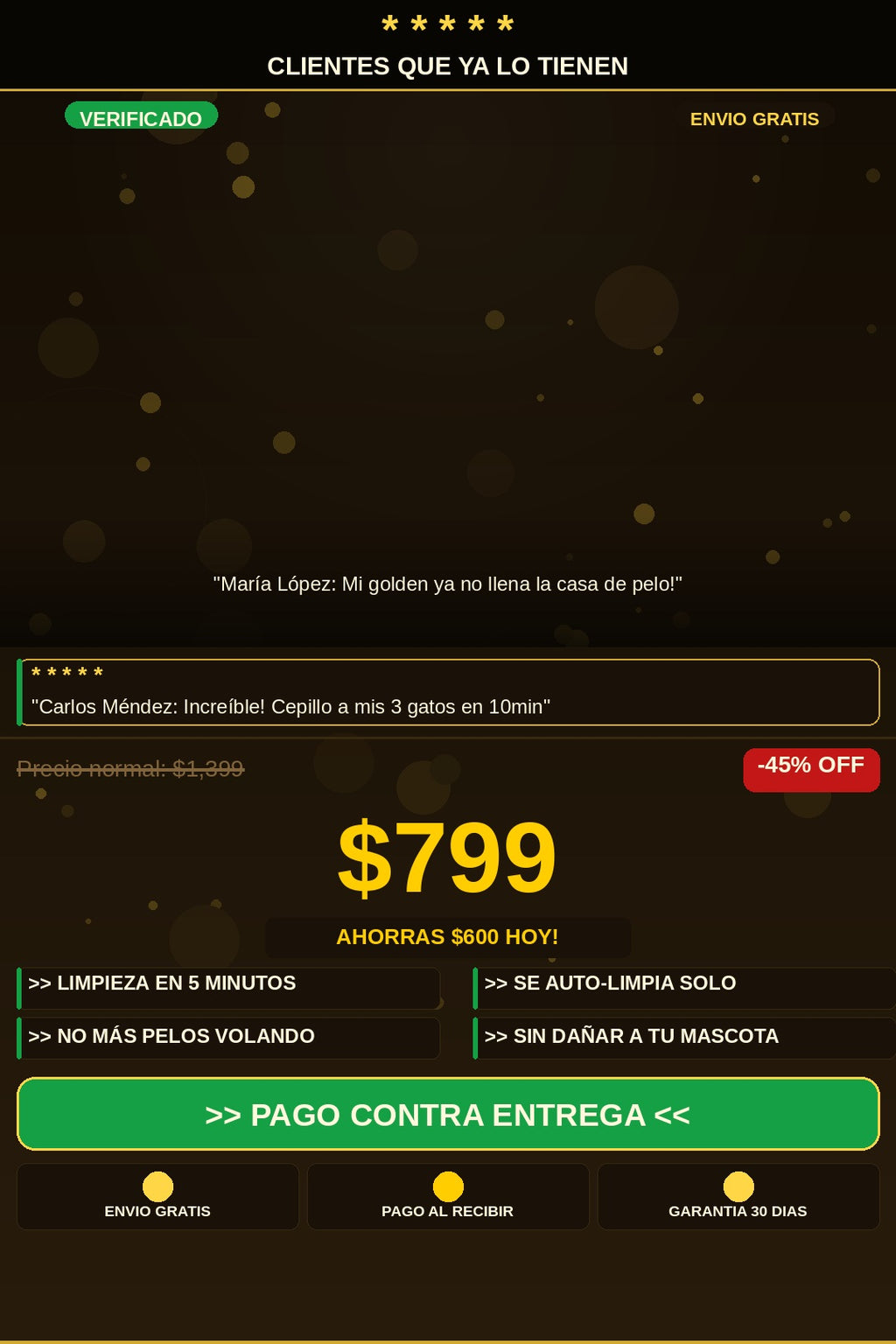 Cepillo removedor de pelo para mascotas con autolimpieza — testimonios