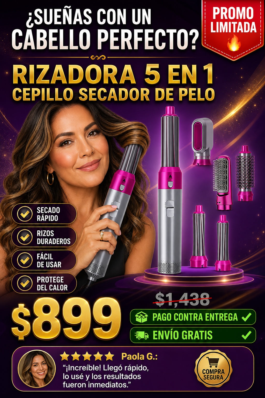 Rizadora 5 En 1 Cepillo Secador De Pelo - imagen 3
