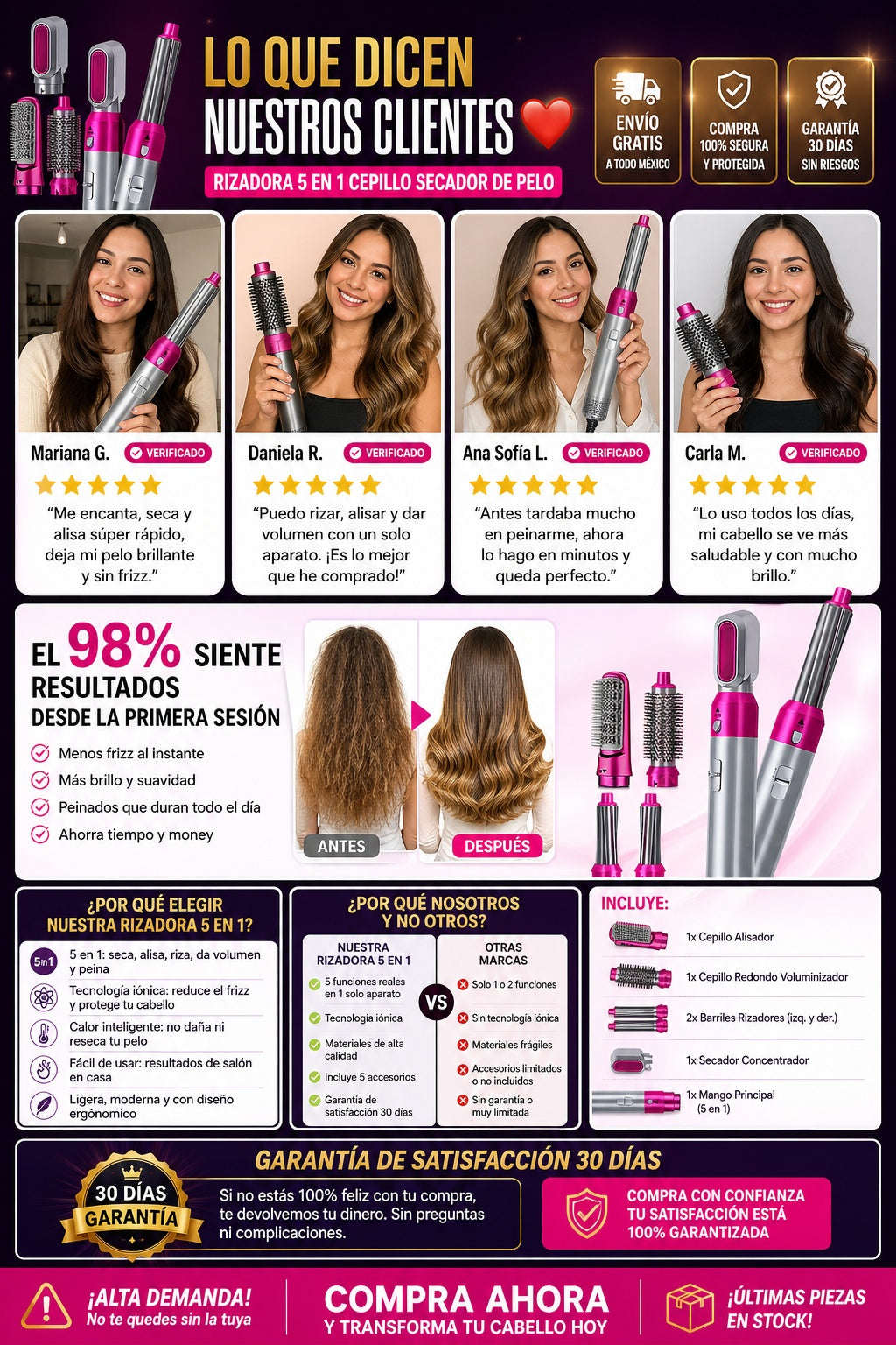 Rizadora 5 En 1 Cepillo Secador De Pelo - imagen 6