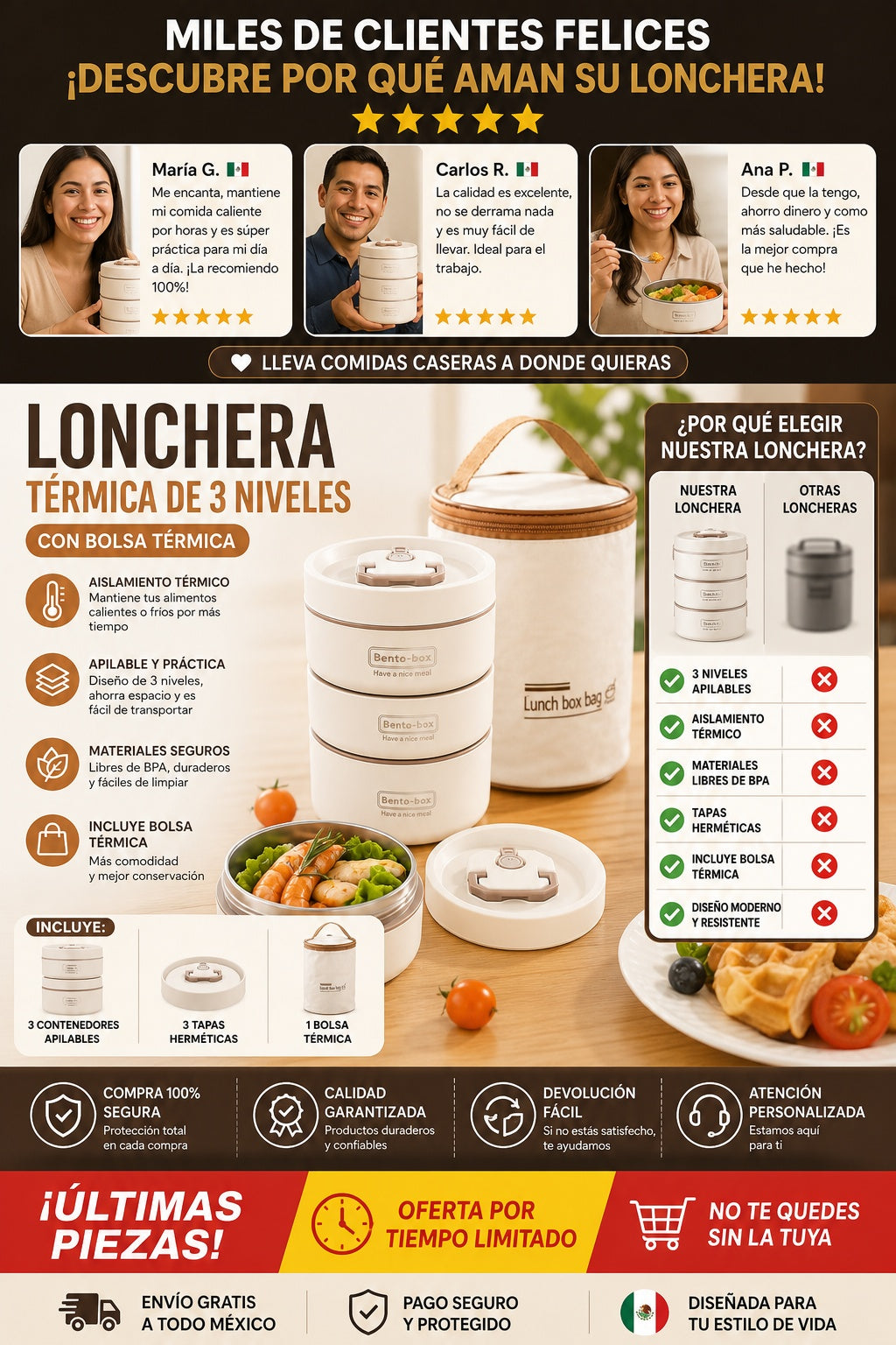 Lonchera Lunch Box De 3 Niveles Con Bols - imagen 6