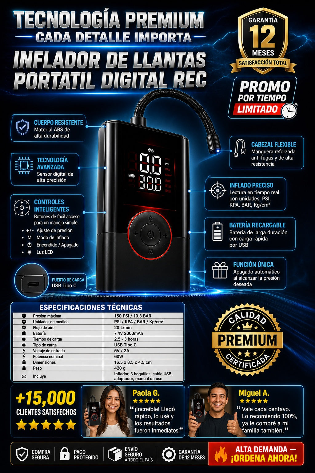 Inflador De Llantas Portatil Digital Rec - imagen 7