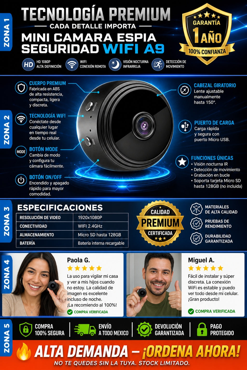 Mini Camara Espia Seguridad Wifi A9 - imagen 7