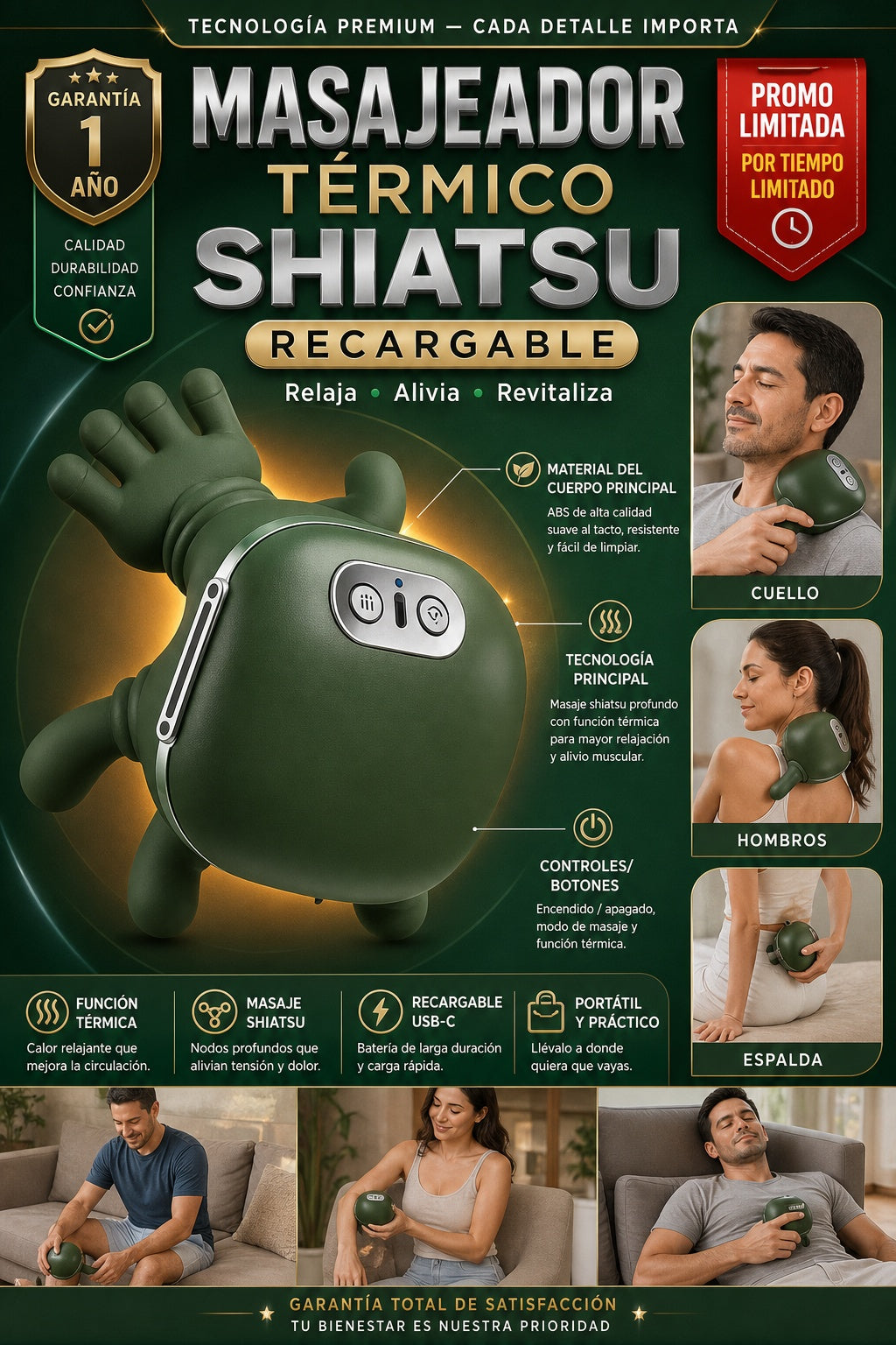 Masajeador Termico Shiatsu Recargable - imagen 7
