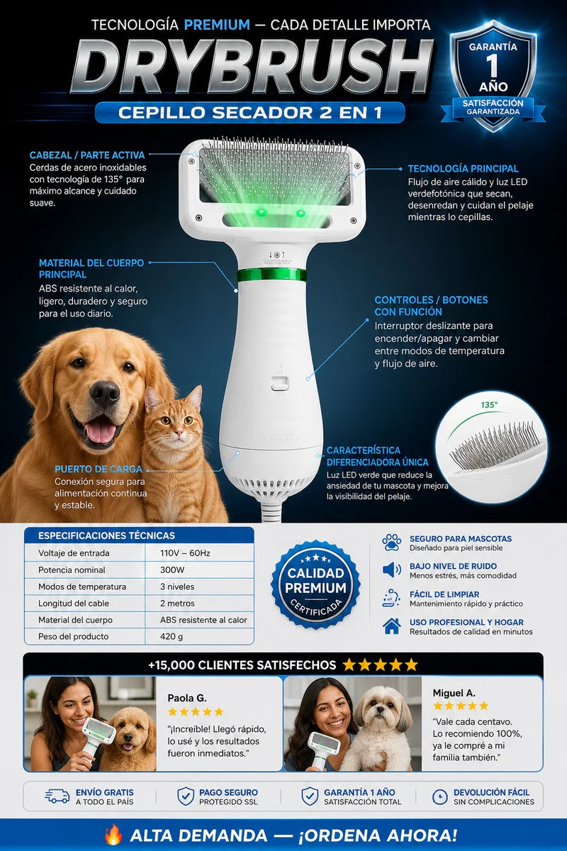 Cepillo Secador Mascotas Profesional Baño Fácil