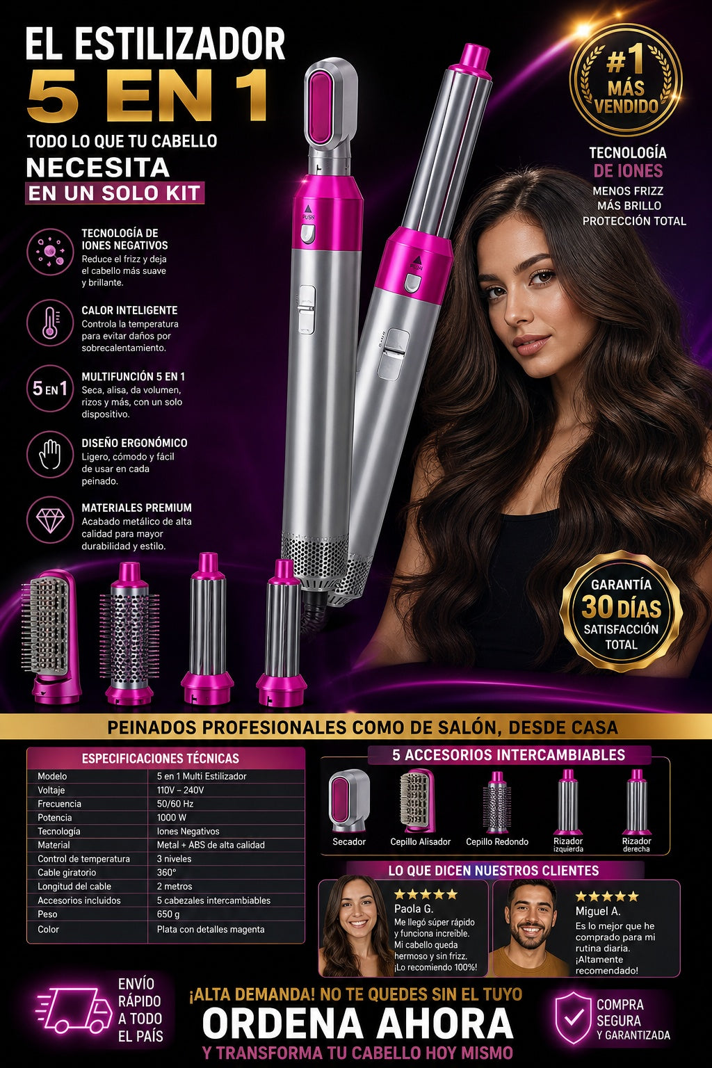 Rizadora 5 En 1 Cepillo Secador De Pelo - imagen 7