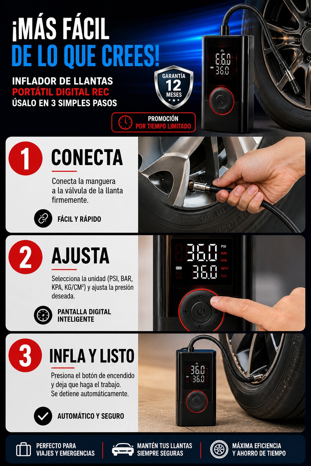 Inflador De Llantas Portatil Digital Rec - imagen 8