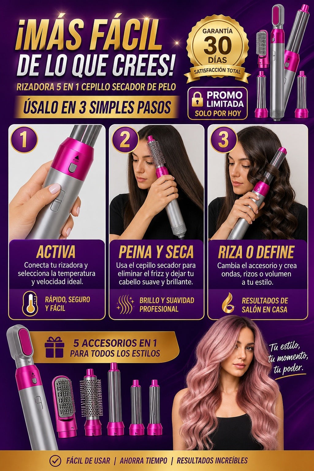 Rizadora 5 En 1 Cepillo Secador De Pelo - imagen 8